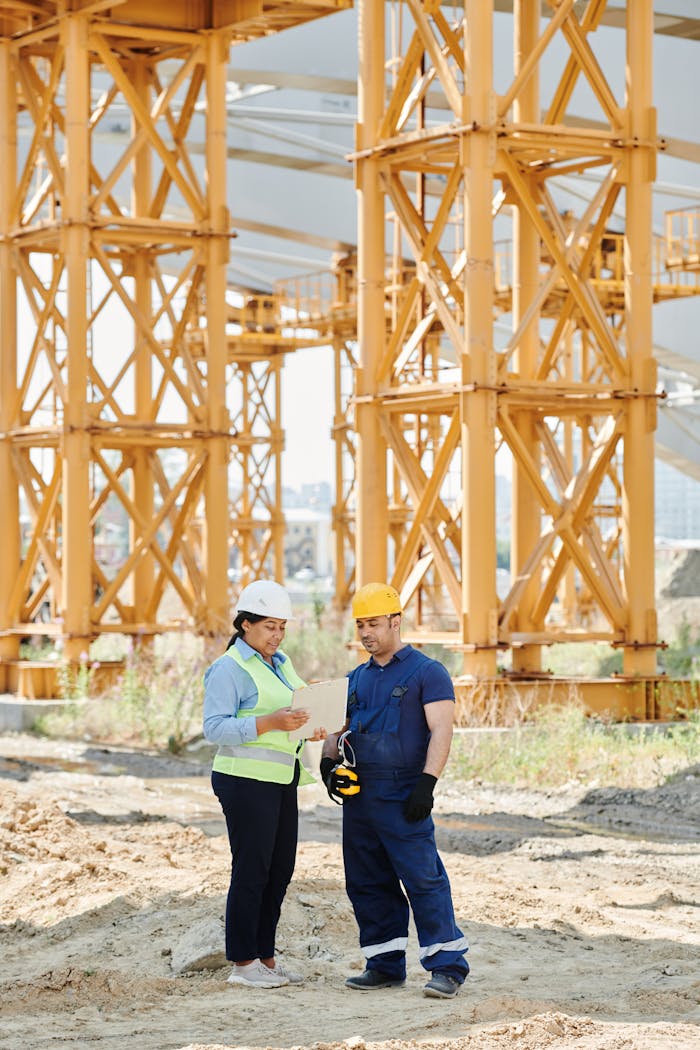 Two construction workers examining plans at a site with large steel structures.